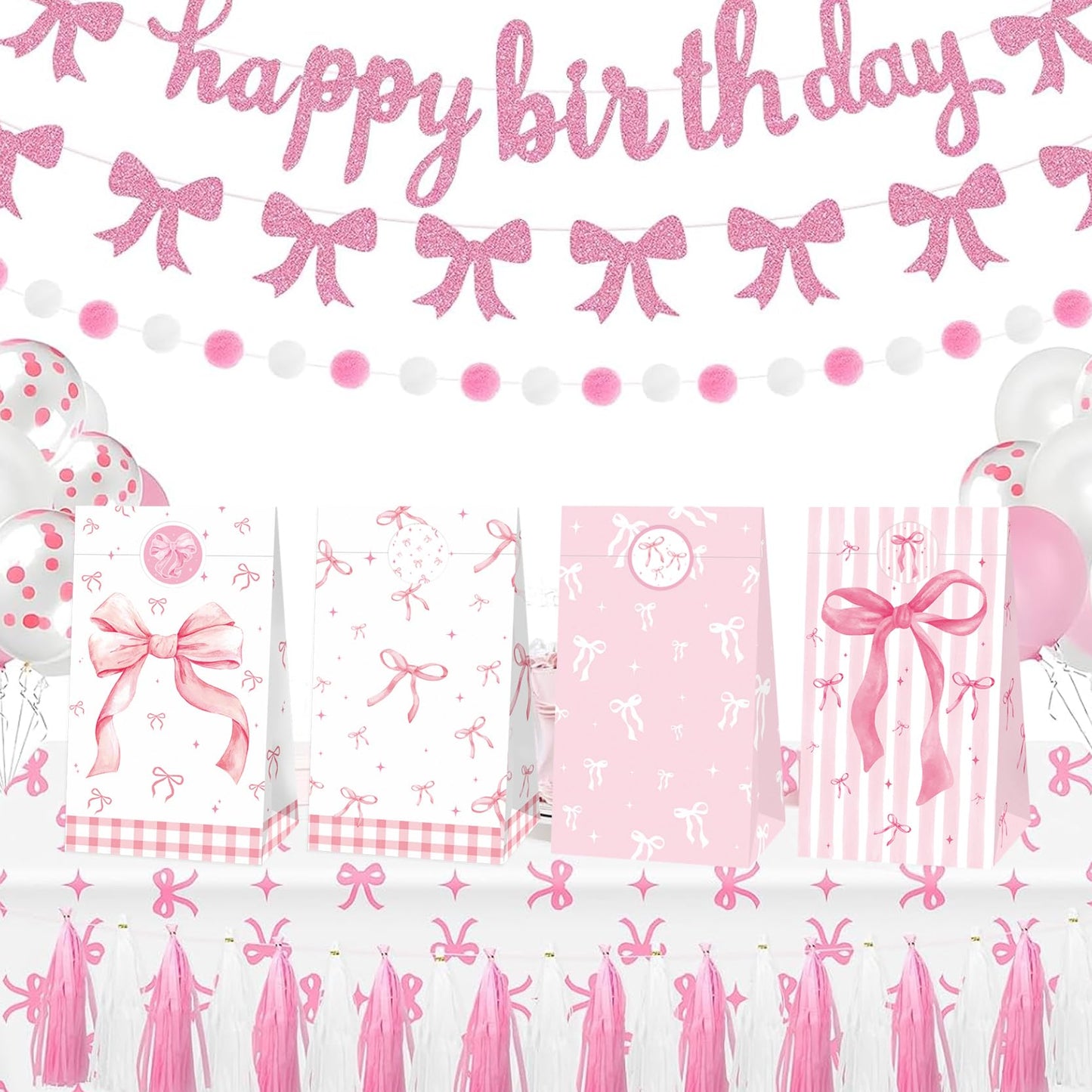 24 Pcs Pink Bow Party Paper Gifts Bags Girl Bow Birthday Party Treat Bags, Coquette Birthday Goodie Candy Bags for Bow Bridal Hot Pink Bachelorette Party Supplies(24-Bow-Bags)
