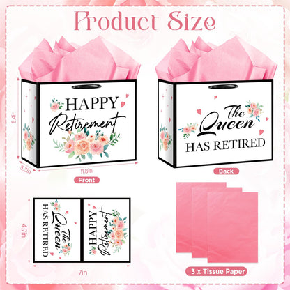 Floral Retirement Gift Bag for Women Pink Retirement Wrapping Paper Funny Retired Gift Bag with Tissue Paper and Card THE QUEEN HAS RETIRED Retired Gifts for Women Farewell Going Away Party Supplies