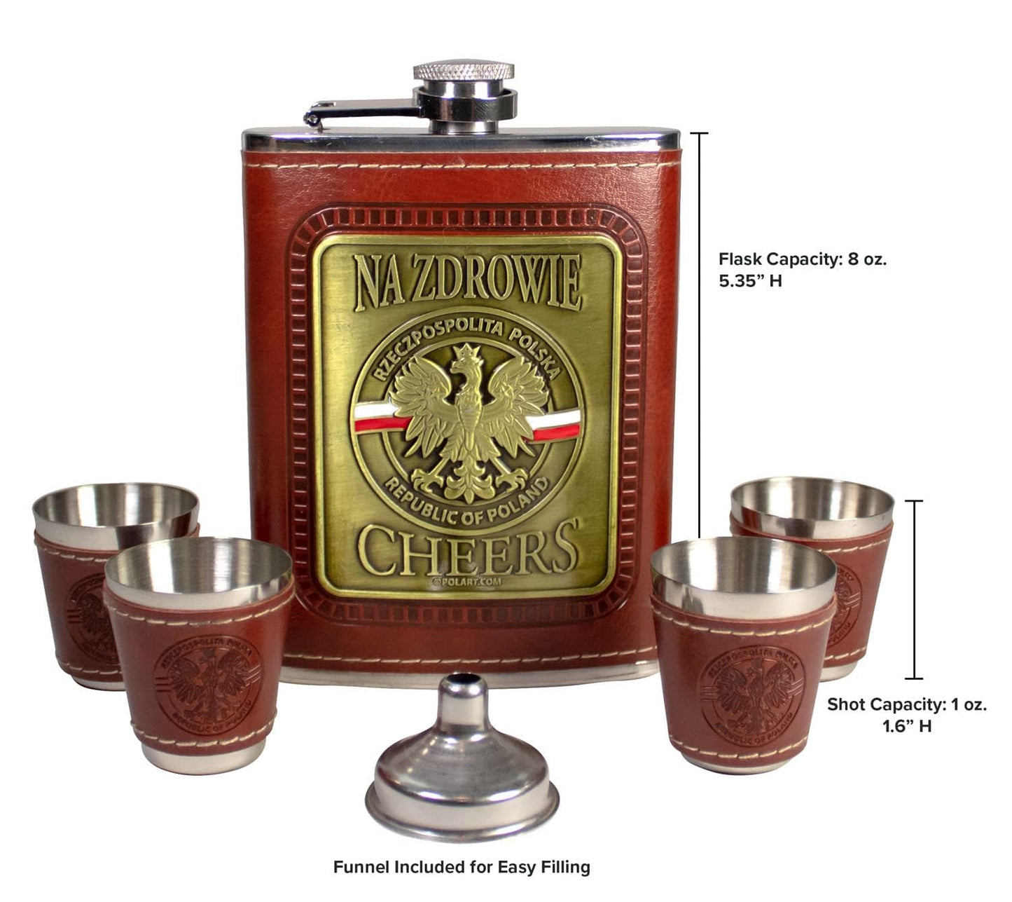 Polart - Poland Flask Set - Stainless Steel Gift Boxed set of Na Zdrowie - Cheers Republic of Poland (Rzeczpospolita Polska) Polish Flask and Four Shot Glasses with the Funnel, Flask Sets for Men