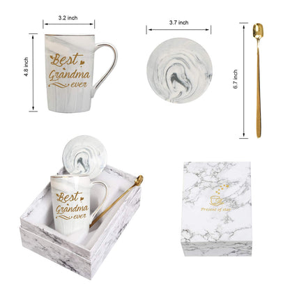 Best Grandma Ever Mug Coffee Gifts Birthday Mothers Day for from Granddaughter Grandson Grandchildren Grandkids 14 Ounce Gift Box with Spoon and Mat Gray