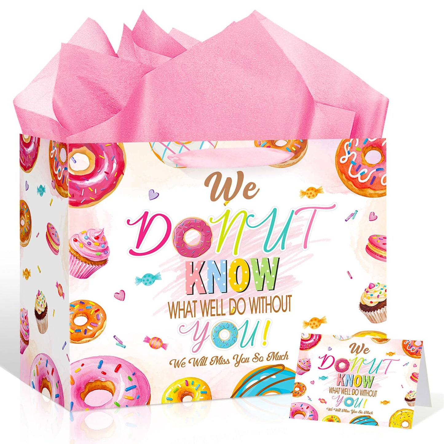 Donut Retirement Gift Bag Pink Retirement Wrap Bag with Tissue Paper Greeting Card Retirement Moving Away Goodbye Party Favors for Women Coworker Friends Farewell Going Away Graduation Party Supplies