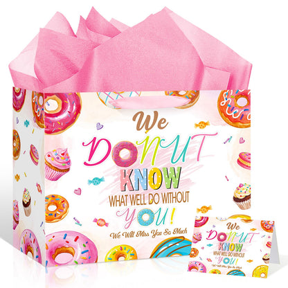 Donut Retirement Gift Bag Pink Retirement Wrap Bag with Tissue Paper Greeting Card Retirement Moving Away Goodbye Party Favors for Women Coworker Friends Farewell Going Away Graduation Party Supplies