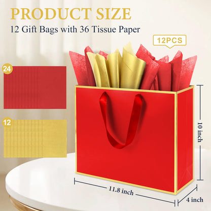 Addblu 12 Pack Large Gift Bags with Handles - Includes 36 Tissue Papers, 11.8x10x4 Inches for Thank You, Wedding, Bridesmaid, Christmas, Birthday, Party Five Senses Gifts (Red and Gold Trim, 12Pcs)