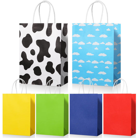 Blosssound 24 Pcs Cartoon Paper Gift Bags with Handles Cow Cloud Solid Kraft Paper Favor Bags Colorful Toy Inspired Goodie Treat Bag for Birthday Baby Shower Wedding Party Decor Supplies