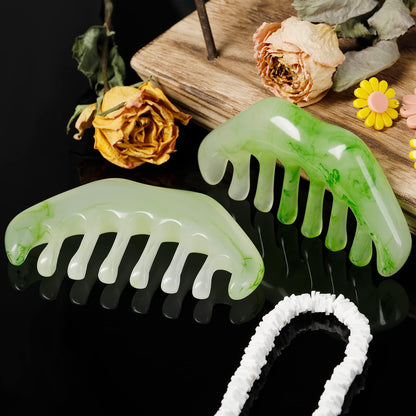 Geiserailie 2 Pcs Jade Combs Esthetician Supplies Massage Stone Hair Gua Sha Scraping Scalp Comb Facial Massage Tool Handheld Head Tools Head Caring Therapy for Women(Elegant Style)