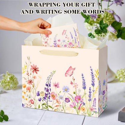 Miakutho 13" Large Gift Bag with Tissue Paper and Card (Floral Design, Gold Foil Accents), 2 Pack Paper Bags with Ribbon Handle for Girls & Women, Birthdays, Baby Shower, Weddings
