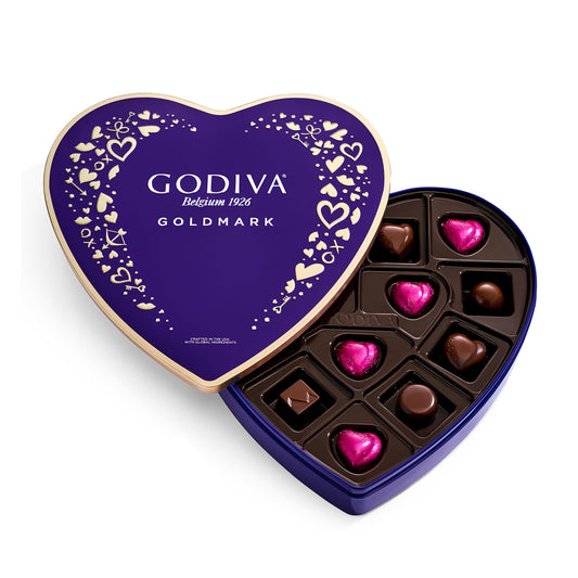 Godiva Goldmark Heart Chocolate Box, Dark Chocolates with Ganache, Elegant Gift Tin, 14 Pc