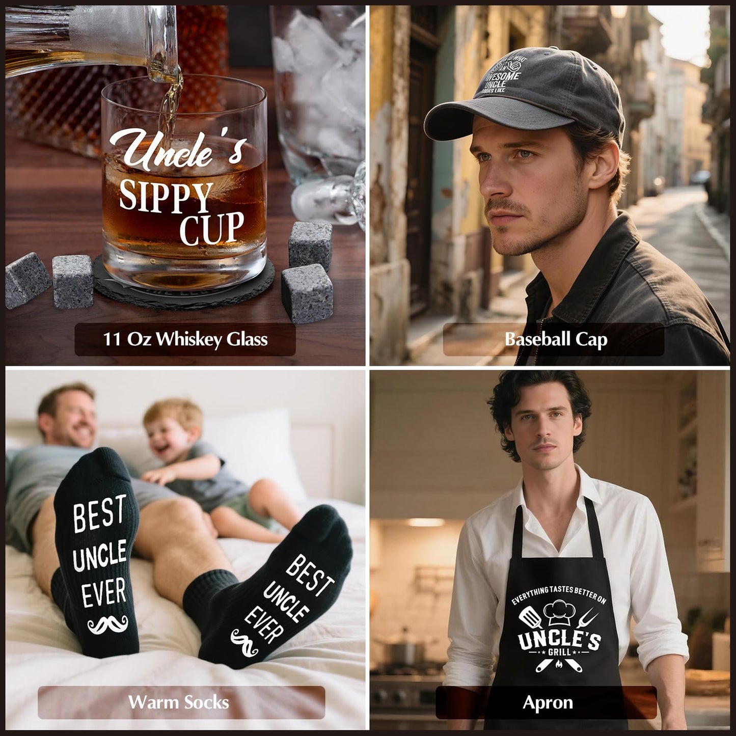 14 Pcs Best Uncle Ever Gifts with 11 Oz Uncle's Sippy Cup Whiskey Glass 4 Whiskey Stones Coaster Apron Hat Sock Tape Measure Keychain, Birthday Father's Day Christmas Gifts for Uncle