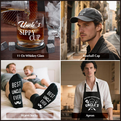 14 Pcs Best Uncle Ever Gifts with 11 Oz Uncle's Sippy Cup Whiskey Glass 4 Whiskey Stones Coaster Apron Hat Sock Tape Measure Keychain, Birthday Father's Day Christmas Gifts for Uncle