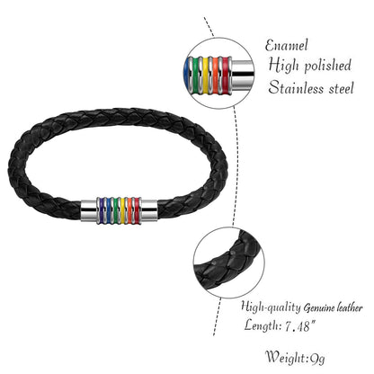 Nanafast Titanium Stainless Steel Rainbow LGBT Pride Bracelet Handmade Braided LGBTQ Pride Bracelets PU Leather Weave Plaited Wristband Jewelry