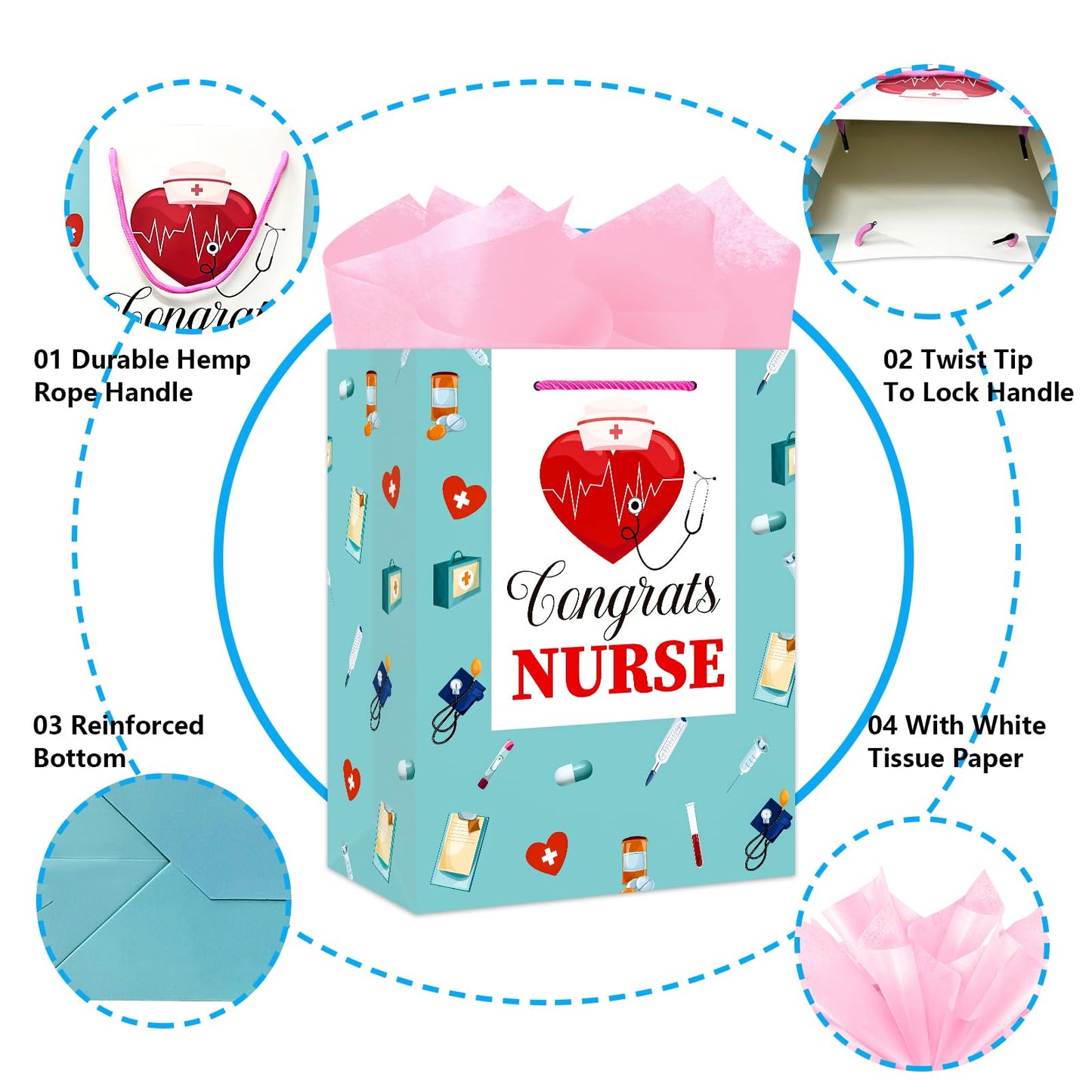 BIZIBAFF Nurse Graduation Gifts Bag - 13" Large Nursing School Gift Bag for Her Women Congrats Nurses Wrap Paper Bag for New Nurse Party Favor Bag with Tissue Paper