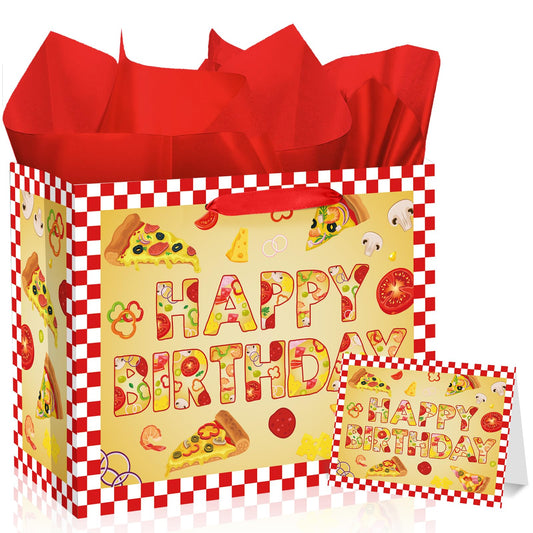 Woosytoo Pizza Birthday Decorations Bag Large Pizza Happy Birthday Paper Bag with Tissue Paper Card Pizza Bday Party Supplies for Kids Festival Bday Cooking Italy Theme Party Supplies