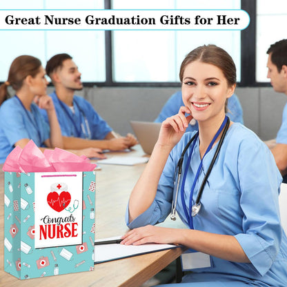 PETCEE Nurse Graduation Gifts Bag - Congrats Nurse Gift Bag with Tissue Paper for Her 11.5" Large Nursing School Graduation Gifts for Grads Medical School Graduates Social Worker Party Supplies