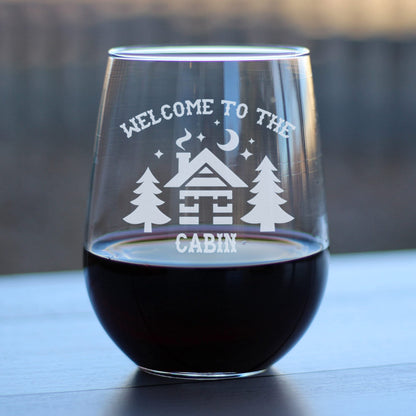 Bevvee Welcome To The Cabin - Stemless Wine Glass - Rustic Themed Gifts and Cabin Decor - Large 17 Ounce