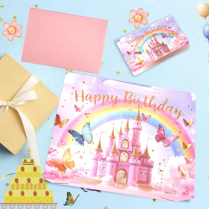 JOARHONAL Princess Castle Gift Bag - 13" Large Happy Birthday Gift Bag with Tissue Paper and Card for Girls Kids Pink Princess Themed Birthday Party Supplies