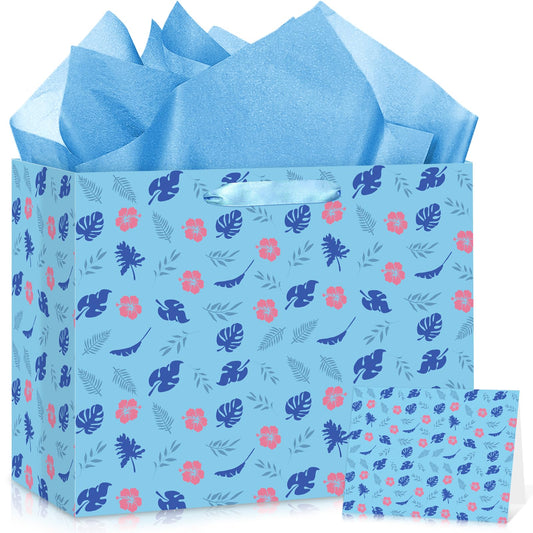 Wayyogh Hawaiian Gift Bag Cute Cartoon Blue Pink Hibiscus Party Gift Bags with Wrapping Tissue Paper and Greeting Card Hawaiian Wrapping Paper for Birthday Baby Shower Holiday Party Supplies