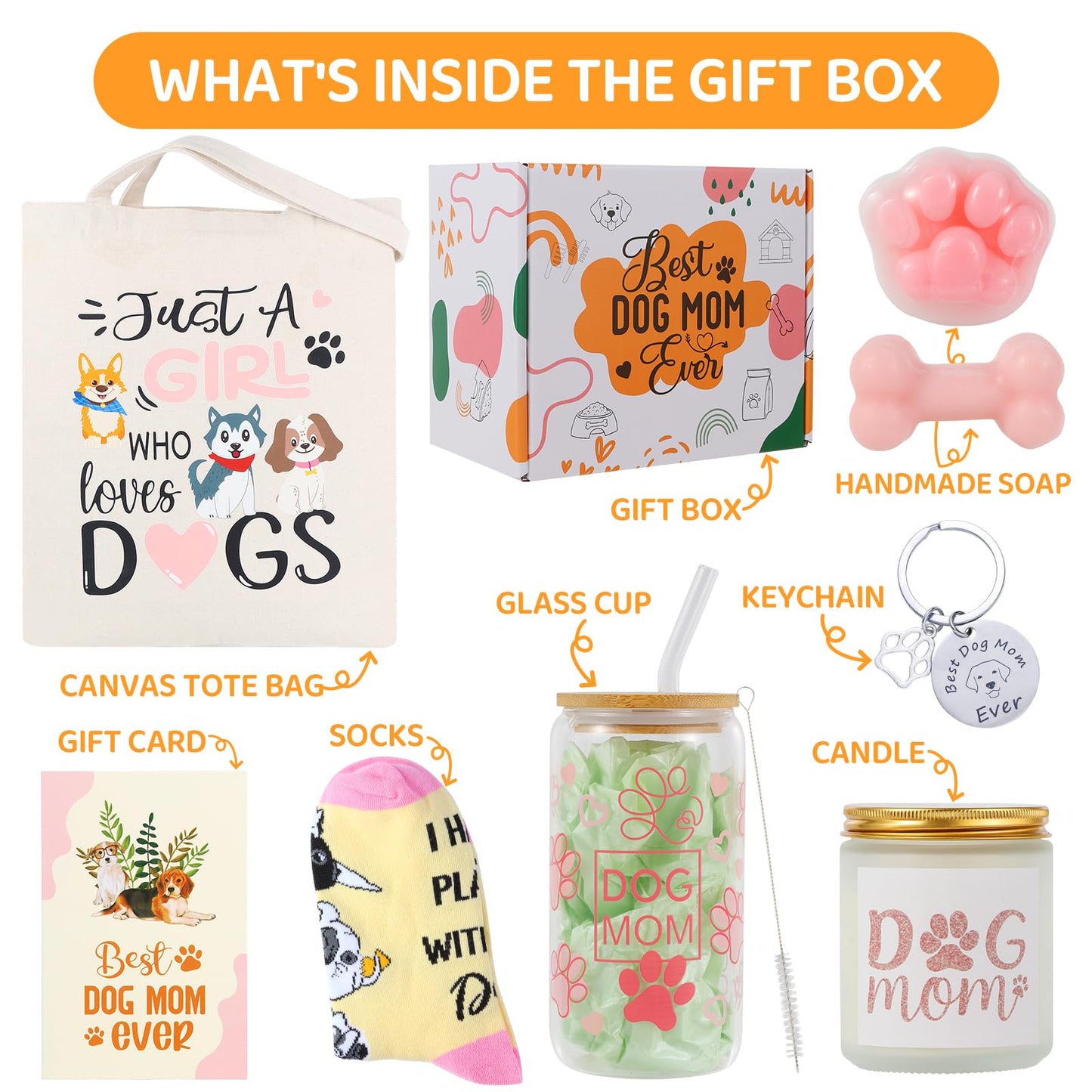 Bayelove Dog Mom Gifts for Women Best Dog Mom Gifts Dog Gift Basket Cool Gifts for Dog Lovers Include Canvas Tote Bag Glass Cup Keychain Socks Gift Card for Birthday Christmas Mothers Day