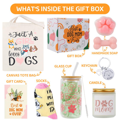 Bayelove Dog Mom Gifts for Women Best Dog Mom Gifts Dog Gift Basket Cool Gifts for Dog Lovers Include Canvas Tote Bag Glass Cup Keychain Socks Gift Card for Birthday Christmas Mothers Day