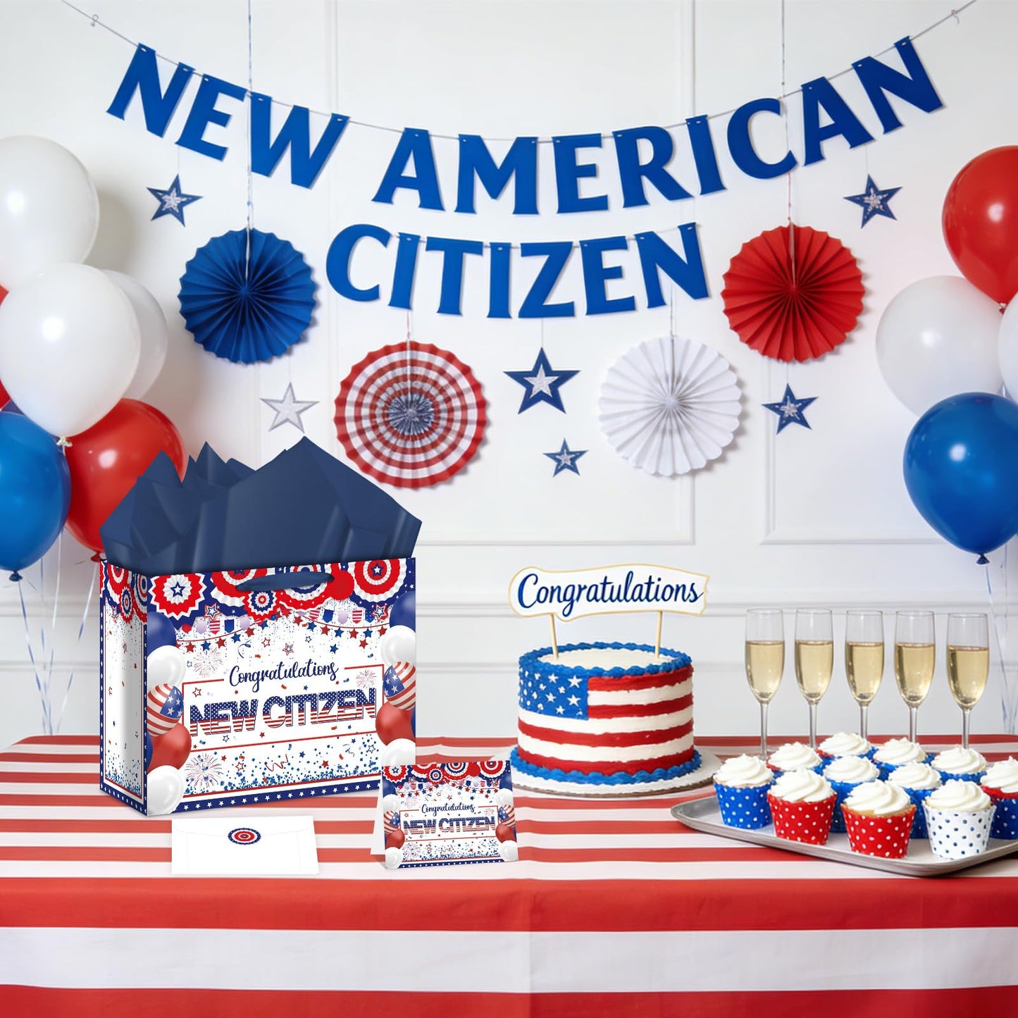 Allparty New American Citizen Gift Bag Citizenship Gift Bag with Wrapping Paper Card Sticker Envelope Blue White and Red New Citizen Party Favors Congratulations Gifts Presents for New US Citizens