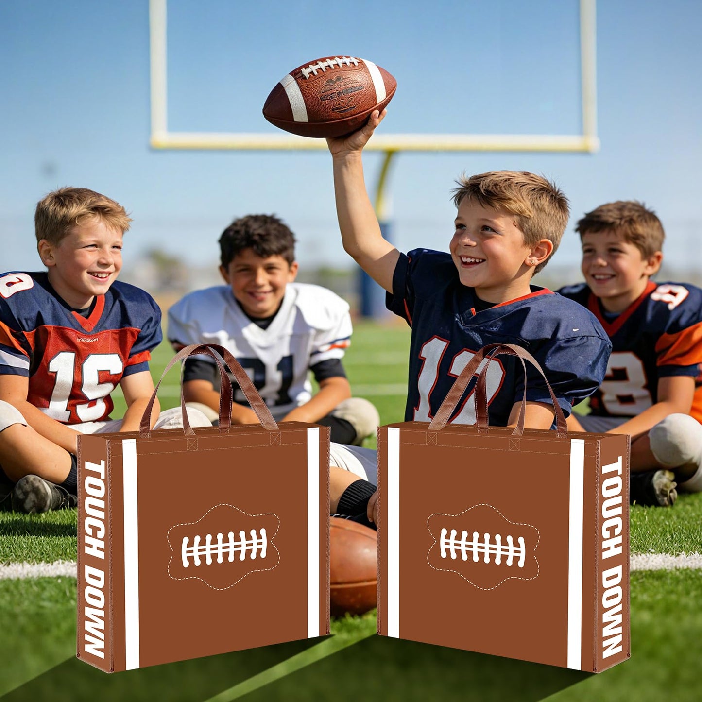 2 Pcs Extra Large Football Gift Bags, Jumbo Party Favor Bag with Handle, Large Capacity Non-Woven Pouch for Sports Supplies, Picnic, Beach, Gift Storage, Birthday, 19.7x15.8x5.1 inch (2)