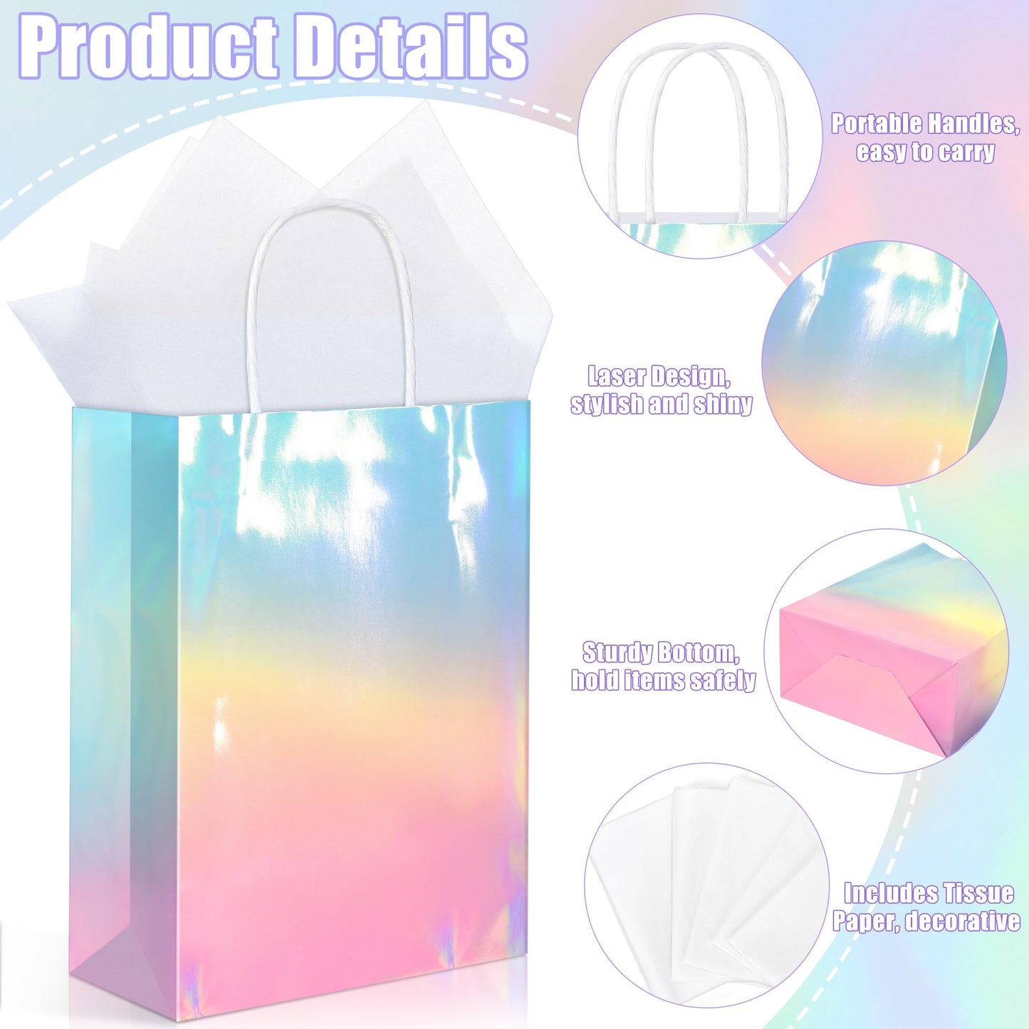 MIMIND 24 Pack Iridescent Paper Gift Bags with Handles Holographic Party Favor Bags with Tissue Paper 8.7 x 6.3 x 3.1 Inch Glitter Gradient Pink and Blue Goodie Candy Bag for Wedding Birthday Parties