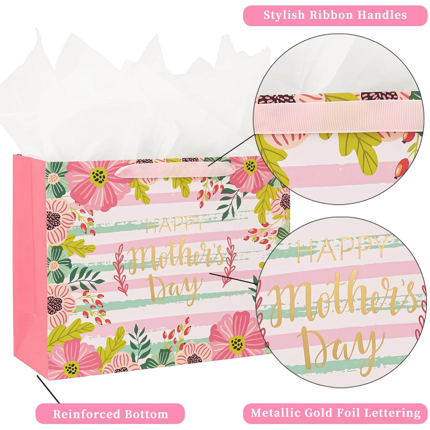 CAMKUZON Large Mother's Day Gift Bag with Card and Tissue Paper for Mom Grandma Nana Sisters - Gold Foil Happy Mother's Day & Pink Floral Design, 13" X 10" X 5"