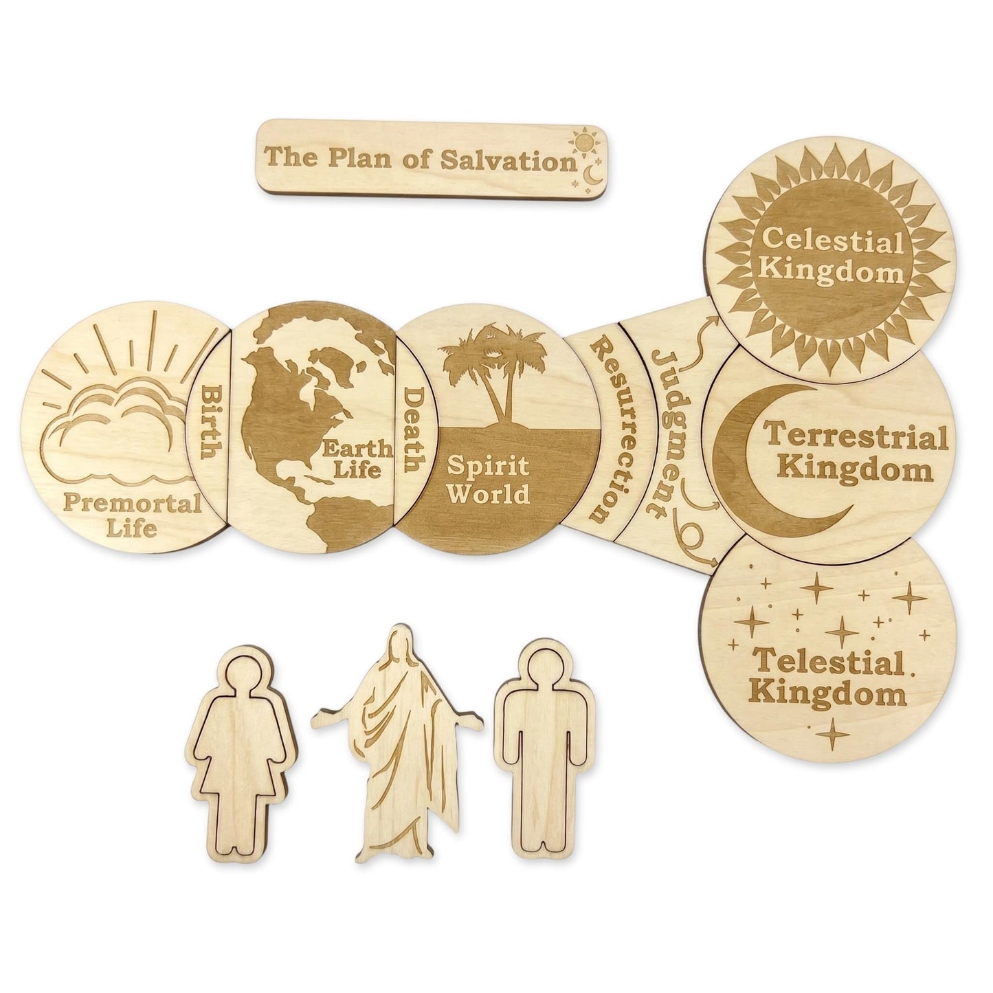 The Plan of Salvation Wooden Teaching Kit for LDS – Wooden Discs with Figures & Storage Box, CTR “Choose the Right” Missionary Gift, Baptism Gift, Family Home Evening & Classroom Tool