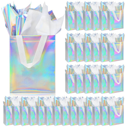 ZIFTY 32PCS Goodie Gift Bags with Handles, Reusable Non-woven Holographic Iridescent Gift Bags Bulk with Tissue Papers for Birthday, Wedding, Easter, Christmas, Holiday Party Favors 8W x 4L x 10H