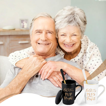 YHRJWN 60th Wedding Gifts, 60 Years of Being Mr & Mrs Always Right Mug Set 14Oz with Lids Spoons and Gift Box, Christmas Anniversary Presents for Parents Couple