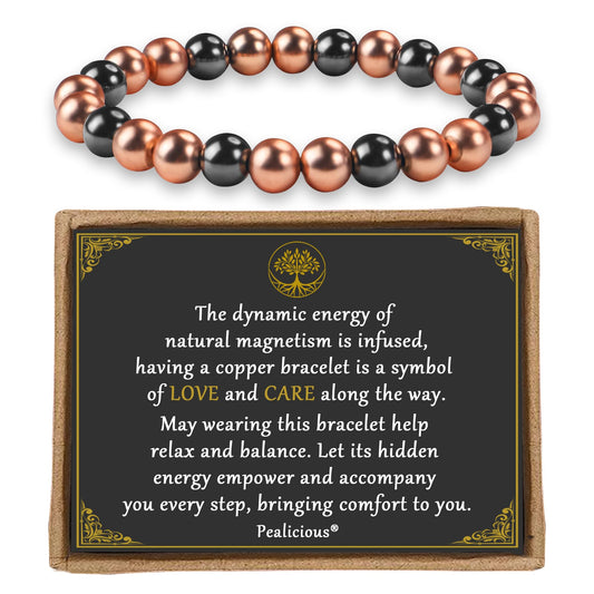 PEALICIOUS Copper Bracelet for Women and Men, 8MM Copper Magnetic Bracelet with 3500 Gauss Magnet Beads as Rakhi Gift for Sister, Cooper Hematite Jewelry Pulsera De Cobre para Mujer for Parents