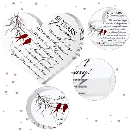 Qunclay 60th Years of Marriage Gift Wedding Anniversary Souvenir Heart Marriage Keepsake Decoration Present for Couple Parent Women Mom Husband Wife He She Friend Grandparents
