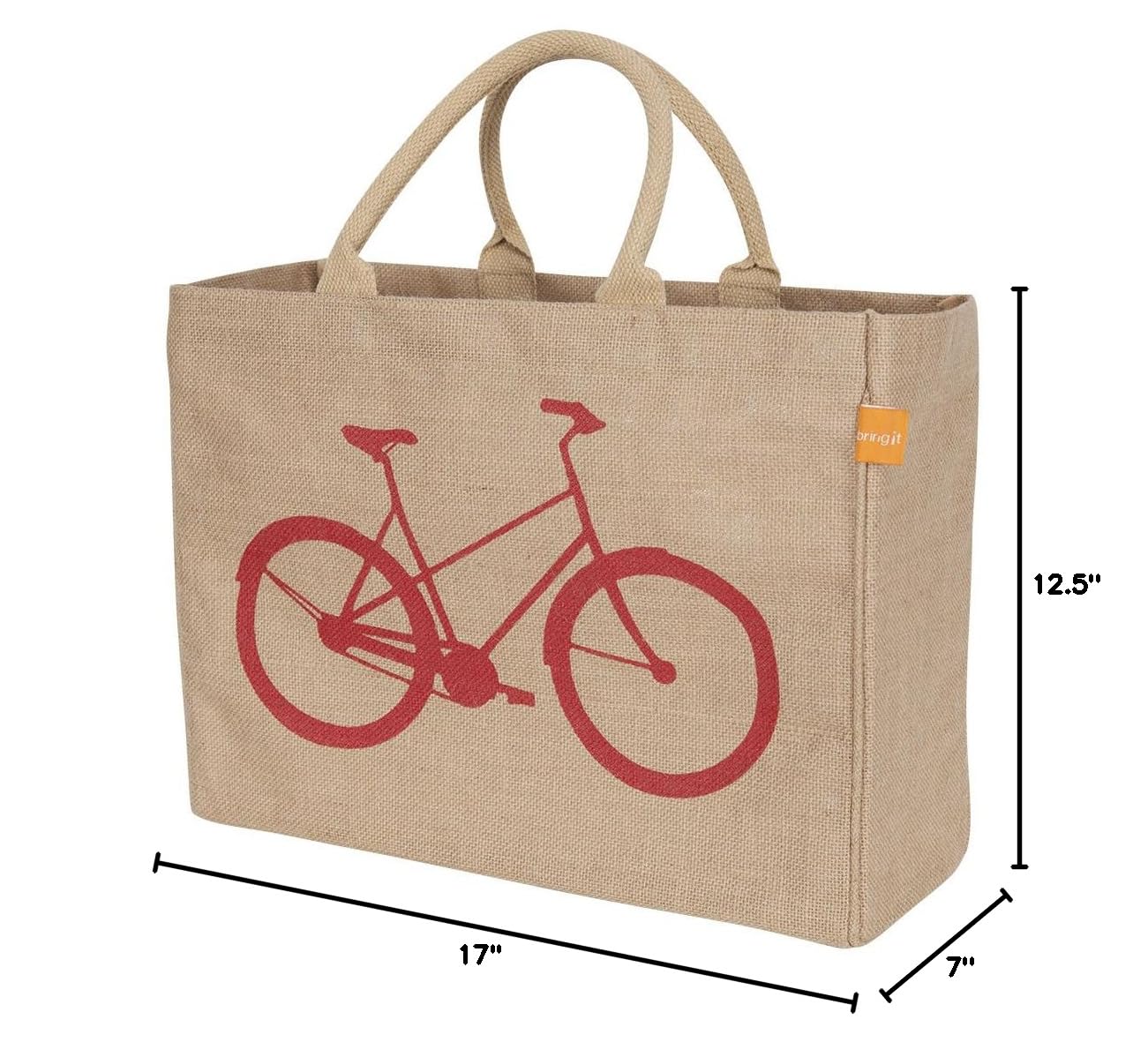 KAF Home Jute Market Tote Bag with Bicycle Print, Durable Handle, Reinforced Bottom and Interior Zipper Pocket, Generous capacity, 12.5" tall x 17" wide x 7" deep