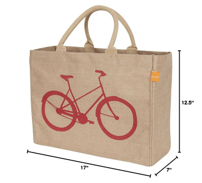 KAF Home Jute Market Tote Bag with Bicycle Print, Durable Handle, Reinforced Bottom and Interior Zipper Pocket, Generous capacity, 12.5" tall x 17" wide x 7" deep