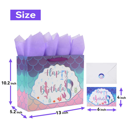 Qirrmiy 13" Large Purple Gift Bag Set with Greeting Card and Lavender Tissue Papers (Mermaid Design) for Girls' Birthday Party, Women's Birthday Parties, Baby Girl - 13”x5.2”x10.2”, 1 Pcs.
