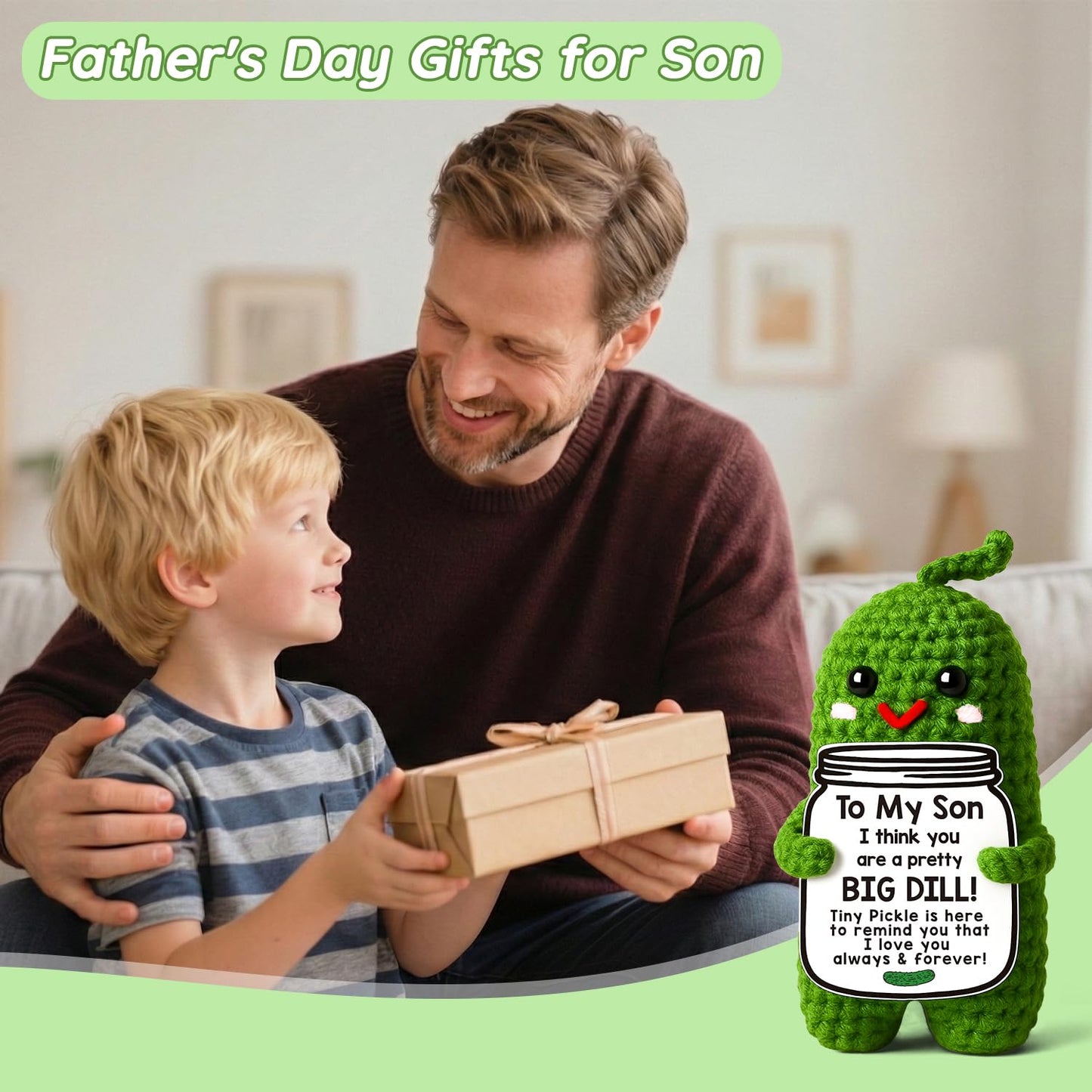 MAMAGIFTREE Son Gifts from Mom Dad, Fathers Day Birthday Gifts for Teens Boys, Handmade Crochet Pickle Graduation Gifts for Adults Son in Law Bonus Step Best Son Ever Gift
