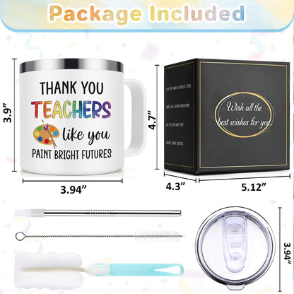 Lifecapido Art Teacher Gifts, Thank You Teachers Like You Paint Bright Futures 14oz Insulated Coffee Mug with Keychain, Art Teacher Appreciation Gifts, White