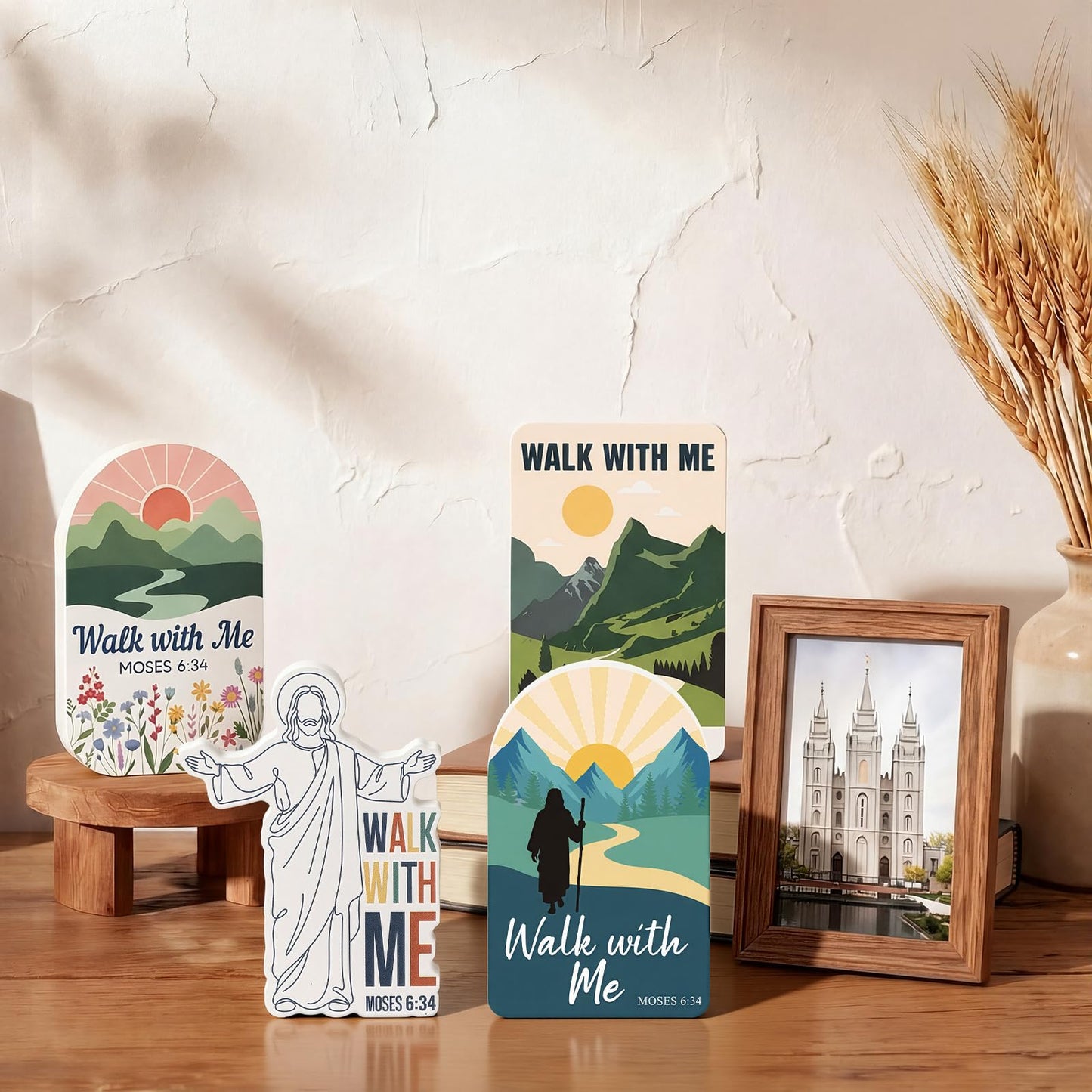 Yousoontic 4 Pcs LDS Mormon Gifts Easter Walk with Me Wooden Desktop Decor, 2026 Walk with Me Gifts, Youth Theme Inspirational Christian Home Tabletop Signs, LDS Gift for Missionaries, Bishop Baptism