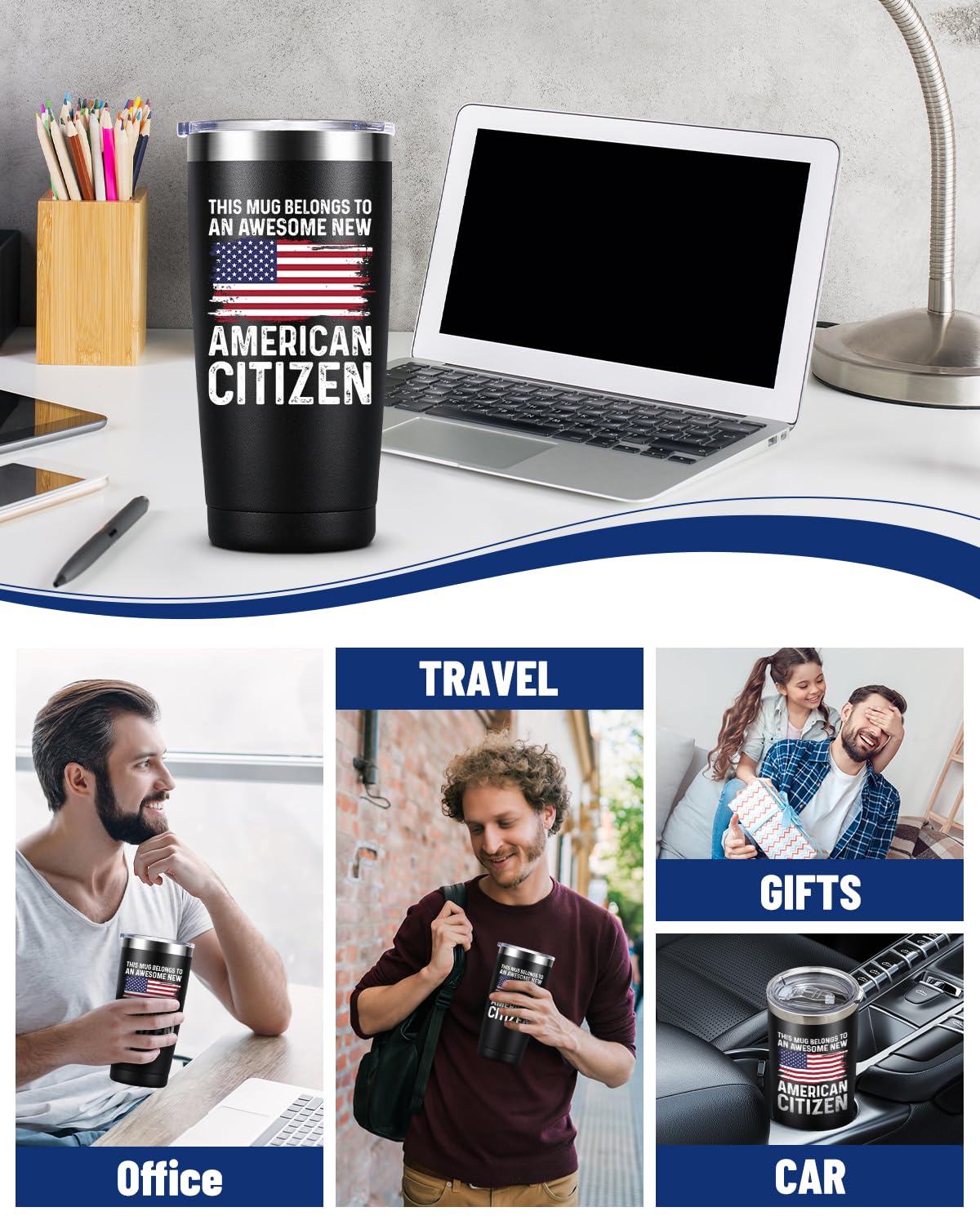 American Citizenship Gifts- 2026 Us Citizenship Gifts - Party Decoration - New US Citizen Gift 20oz Stainless Steel Insulated Tumbler, Black