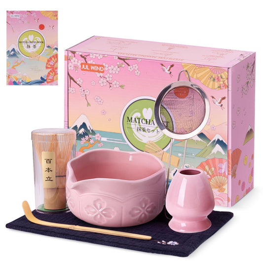 Matcha Whisk Set, Ceramic Matcha Set Includes Bowl with Spout, Whisk and Holder, Bamboo Scoop, Sifter and Tea Towel - 6 Pcs Matcha Kit Gift for Lovers Beginners (Pink)