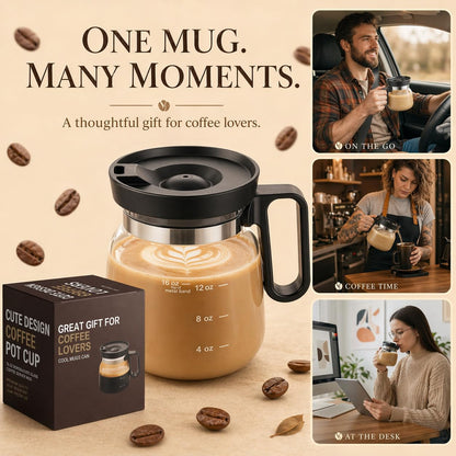 Coffee Pot Mug with Lid, 16oz Glass Mini Coffee Pot Cup, Heat-Resistant Clear Travel Mug, Spill-Resistant Novelty Coffee cup for Office Desk & Coffee Lovers gift
