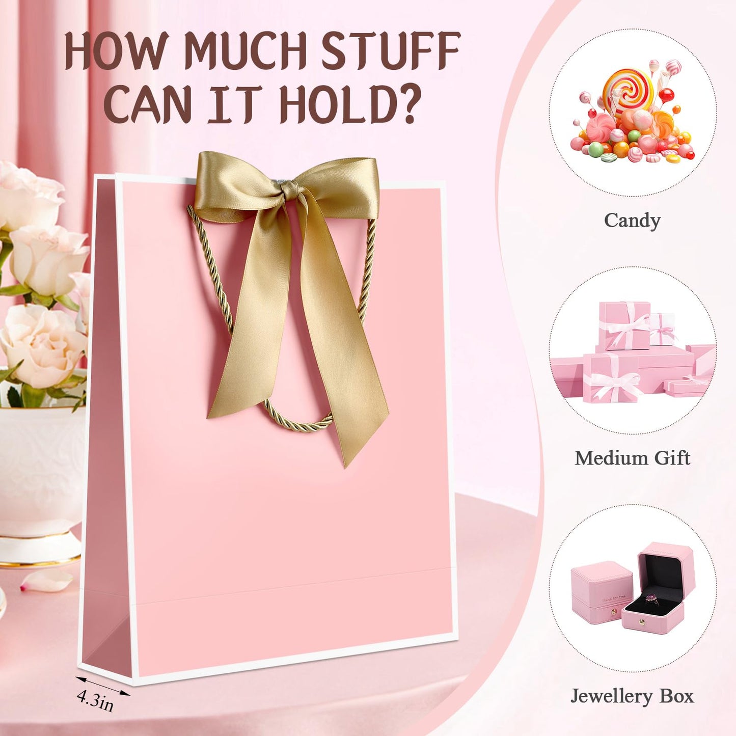 YoungTree Pink Gift Bags with Handles, 13" Medium Gift Bag with 2 Tissue Paper and 1 Card, Present Bag for Graduation Wedding Baby Shower Bridal Shower Birthday Party (Pink-White)