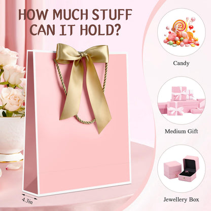 YoungTree Pink Gift Bags with Handles, 13" Medium Gift Bag with 2 Tissue Paper and 1 Card, Present Bag for Graduation Wedding Baby Shower Bridal Shower Birthday Party (Pink-White)