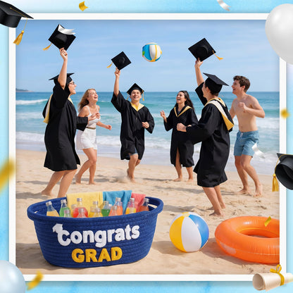 Yungyan Class of 2026 Graduation Gift Basket Empty, Small Cute Woven Rope Basket with Congrats Grad Words 12 x 8 x 5 Inch Decorative Graduation Gift Storage Baskets for College, University, PHD(Blue)