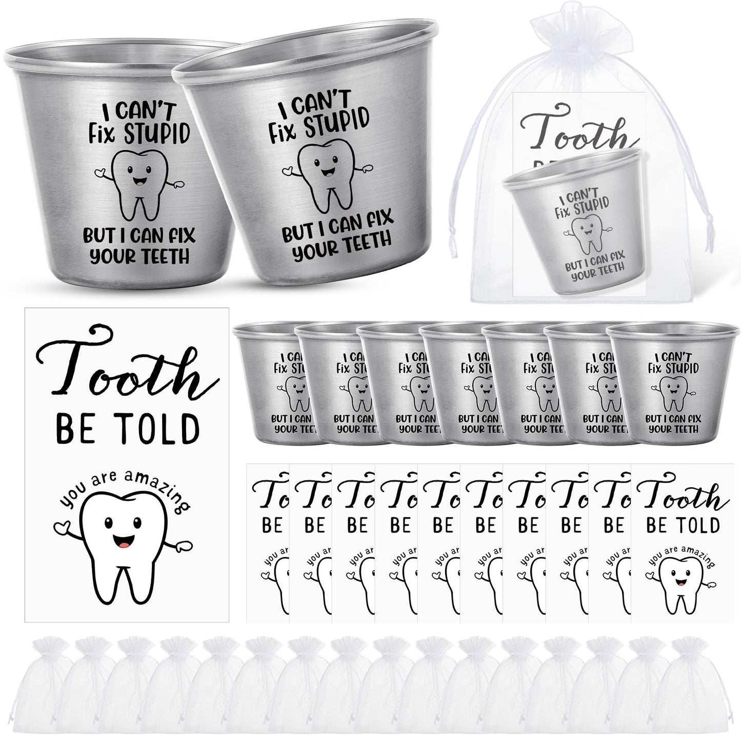 Roshtia 10 Sets Dental Assistant Gifts Bulk Graduation Orthodontic Health Staff Appreciation Funny Dentist End of School Year Tooth Shot Glasses Stainless Steel Tumbler Fix Your Teeth Cups with Cards