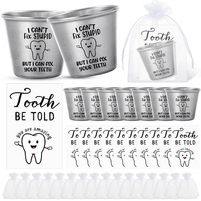 Roshtia 10 Sets Dental Assistant Gifts Bulk Graduation Orthodontic Health Staff Appreciation Funny Dentist End of School Year Tooth Shot Glasses Stainless Steel Tumbler Fix Your Teeth Cups with Cards