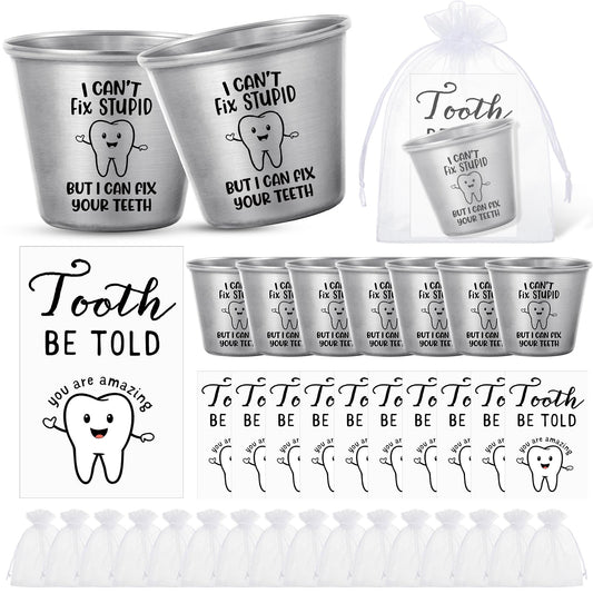 Roshtia 10 Sets Dental Assistant Gifts Bulk Graduation Orthodontic Health Staff Appreciation Funny Dentist End of School Year Tooth Shot Glasses Stainless Steel Tumbler Fix Your Teeth Cups with Cards
