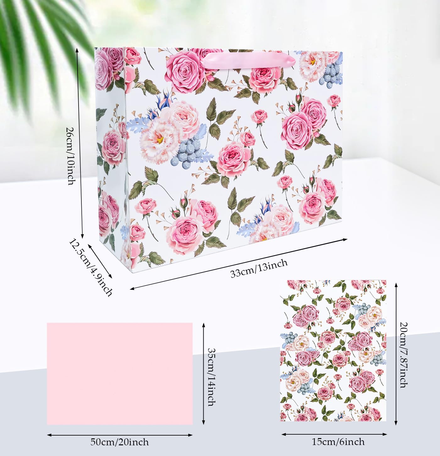 MUNILAIL 13 Inches Large Gift Bag for Women Flower Gift Bag with Handle Tissue Paper and Greeting Card for Birthday Wedding Bridal Shower Party Large Pink Paper Gift Bag