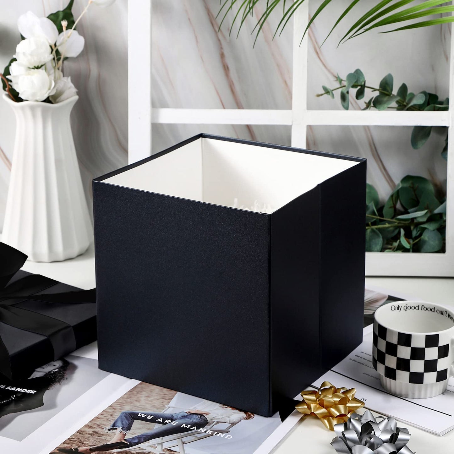 RUSPEPA Black Medium Gift Box with Lids, Ribbon and Tissue Paper, Collapsible Gift Box Perfect for Birthday, Graduation, Father's Day, Wedding and Groomsmen Gifts, 10x10x10 Inches, 1 Pcs