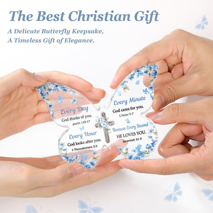 Christian Gifts for Women Faith, Butterfly Acrylic Plaque Sign, Religious Gifts for Women on Mothers Day Birthday Christmas, Spiritual Present for Female Friend Family, 5x3.8x0.5 Inch - Blue
