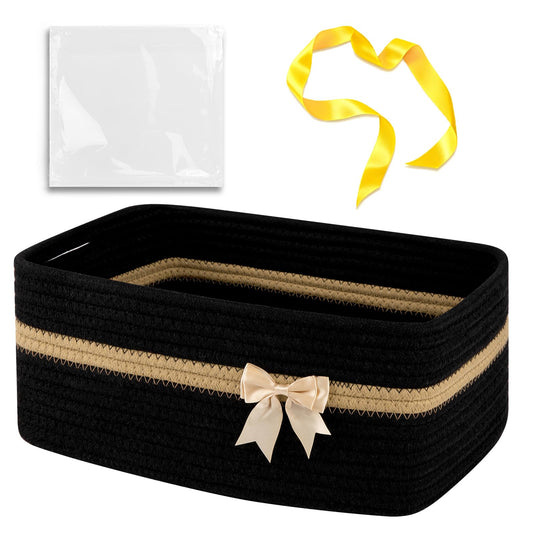 OIAHOMY Large Woven Storage Basket with Handles for Nursery Living Room Shelves, Bow Basket for Gifts Empty with Gift Bags and Ribbons for Baby Showers Pet Toy Bin - Black